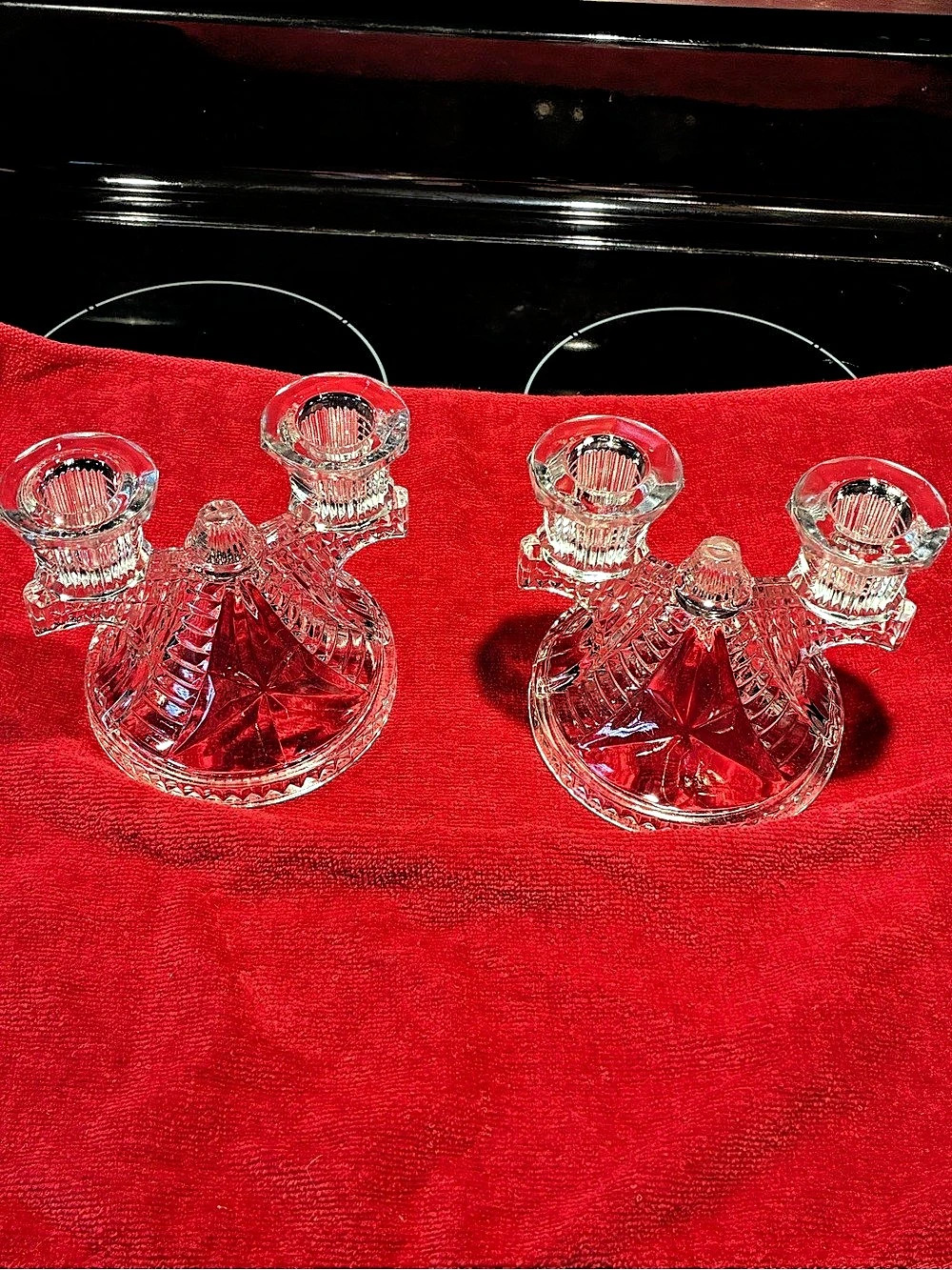 Pair of Vintage Federal Glass Co. double candlestick holders